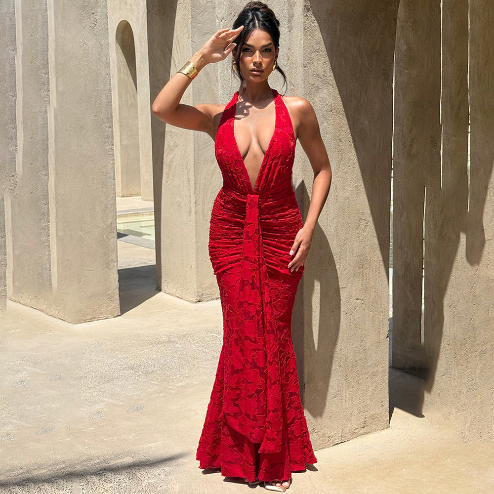 Damen Elegantes Maxikleid mit tiefem V-Ausschnitt und strukturierter Raffung Drune