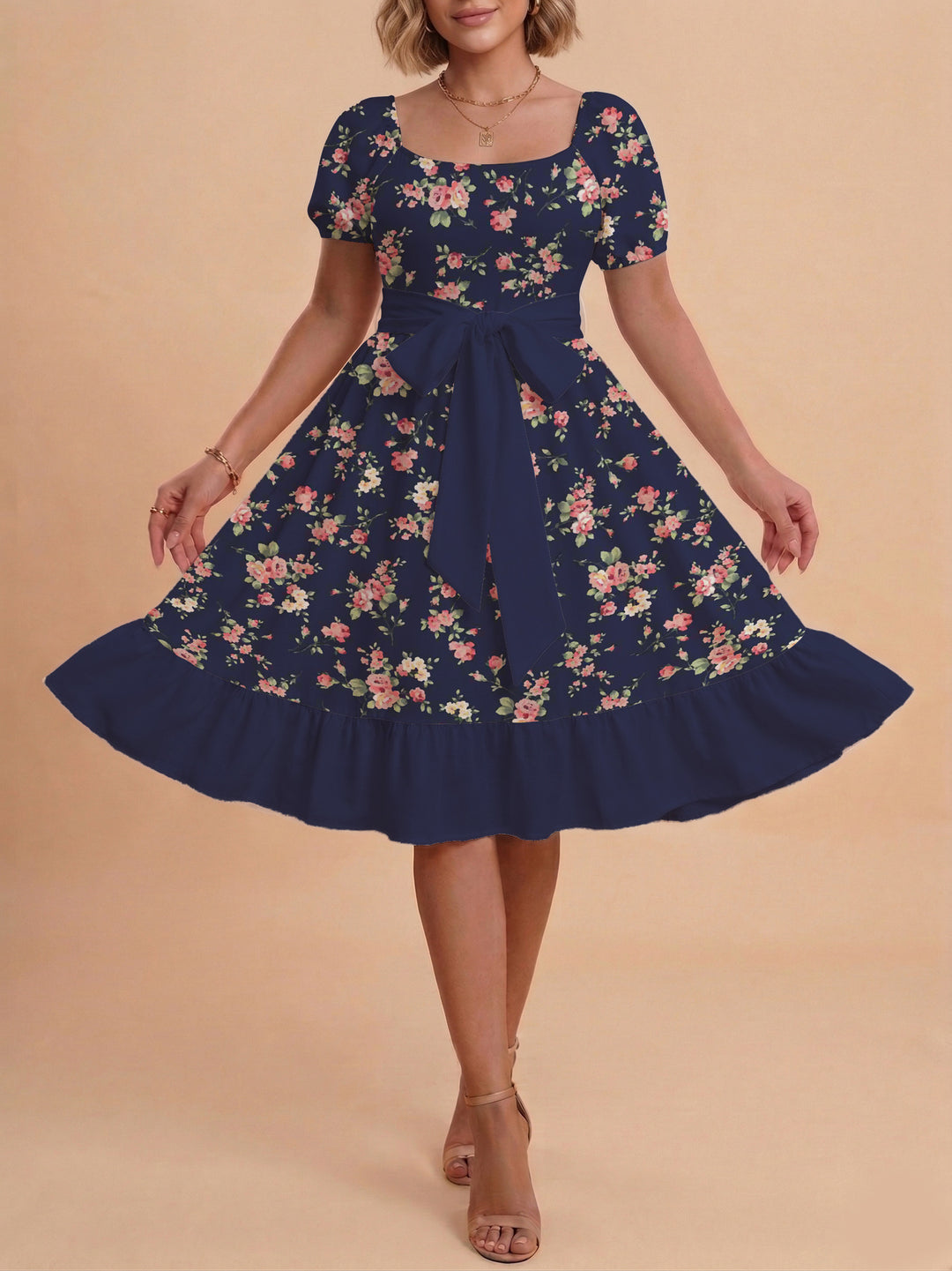 Damen Blumenkleid mit taillierbarem Gürtel und voluminösen Ärmeln Drune