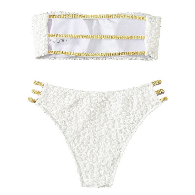 Damen Bandeau-Bikini mit modischem Quellmuster und eleganten Verzierungen Drune