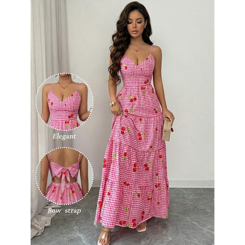 Damen Maxikleid mit floralem Karomuster und Schleifen-Trägern Drune