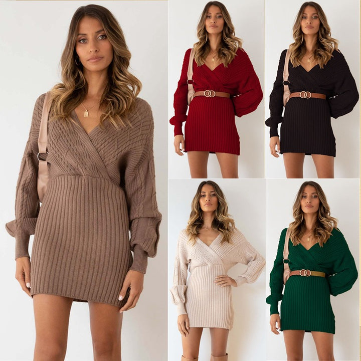 Damen Strickkleid mit tiefem V-Ausschnitt und zauberhaften Puffärmeln Drune