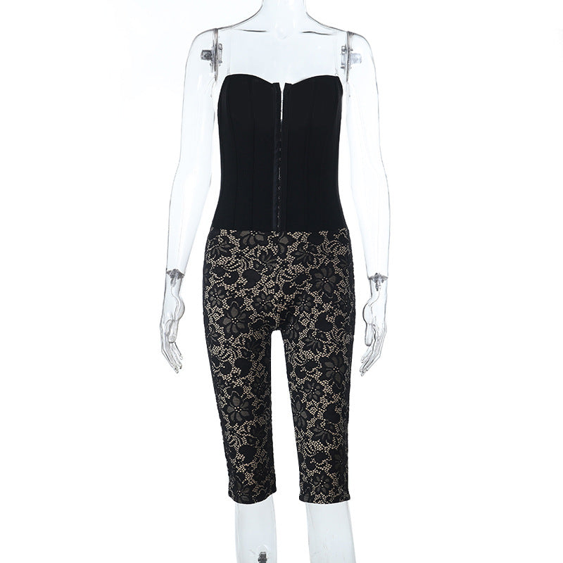 Damen sexy Corsage-Overall mit floralem Spitzenmuster und figurformendem Schnitt Drune