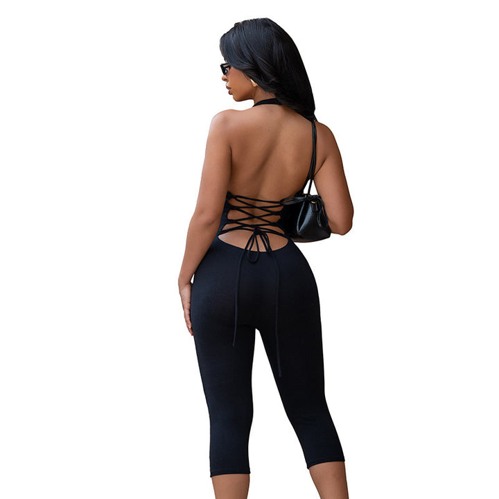 Damen figurbetonter Jersey-Jumpsuit mit tiefem V-Ausschnitt und 3/4-Ärmeln Drune