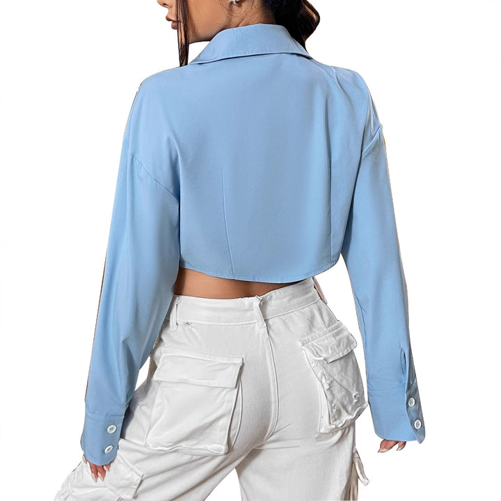 Damen cropped Bluse mit weiten Ärmeln und eleganter Knopfleiste Drune