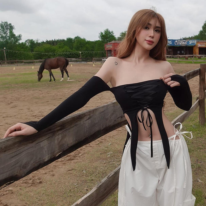 Damen elastisches Off-Shoulder Top mit aufwendiger Schnürung Drune