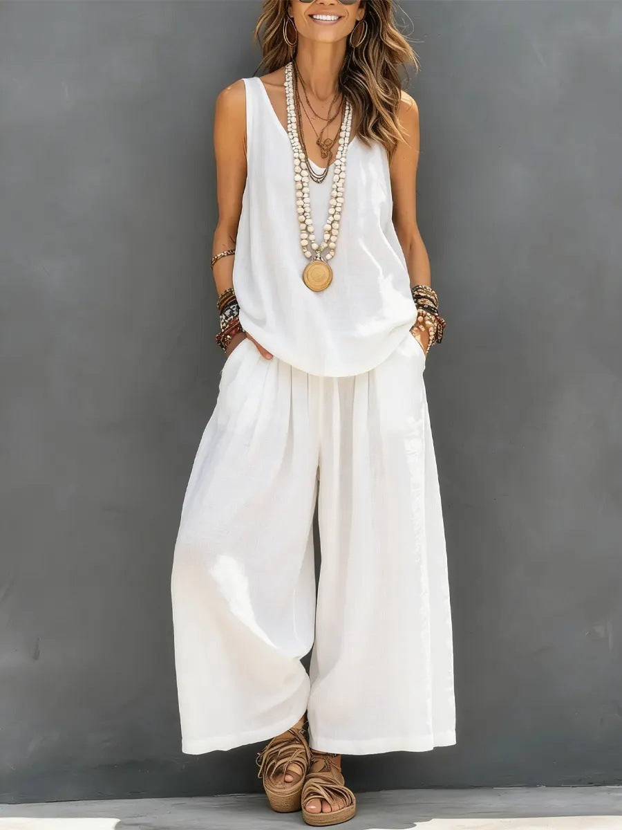 Damen Lockere Sommerbluse mit weitem Schnitt und hochtaillierter Hose Drune