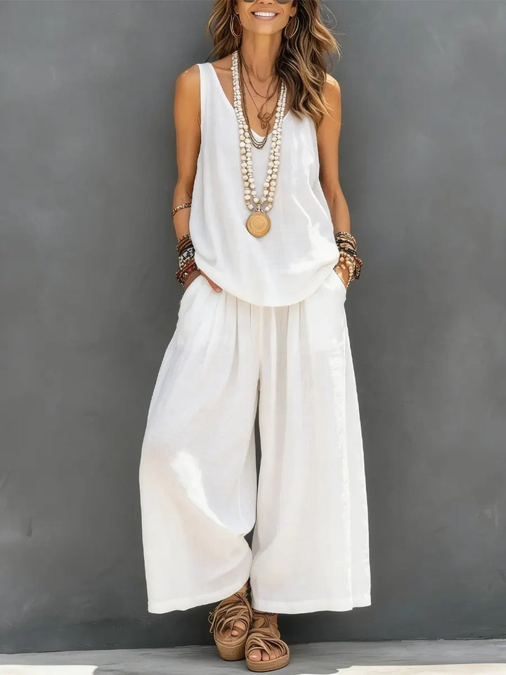 Damen Lockere Sommerbluse mit weitem Schnitt und hochtaillierter Hose Drune
