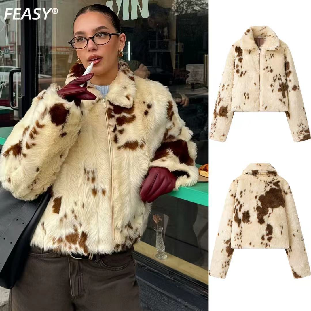 Damen kuschelige Kunstpelzjacke mit modischem Tierdruck Drune