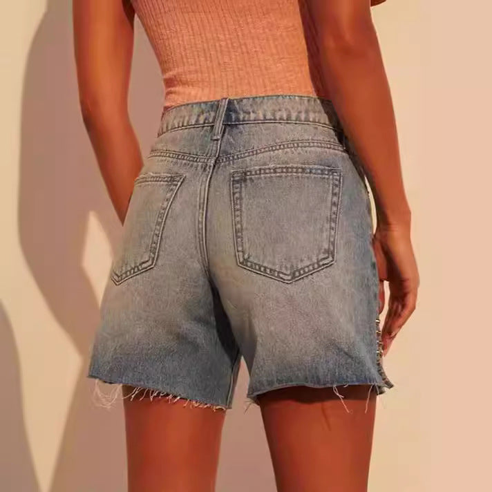 Damen modische Destroyed Denim-Shorts mit Nietenverzierung Drune