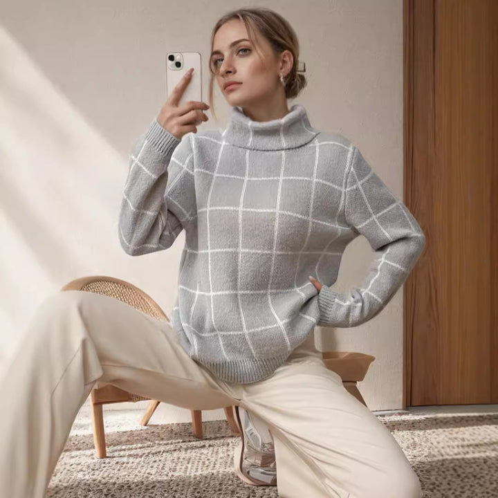 Damen lässiger Grobstrickpullover mit modernem Karomuster und hoher Kragen Drune