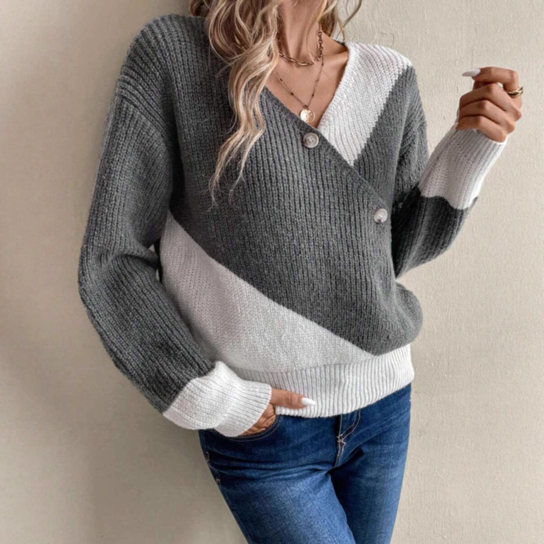 Damen Modischer V-Ausschnitt Strickpullover mit asymmetrischem Design Drune