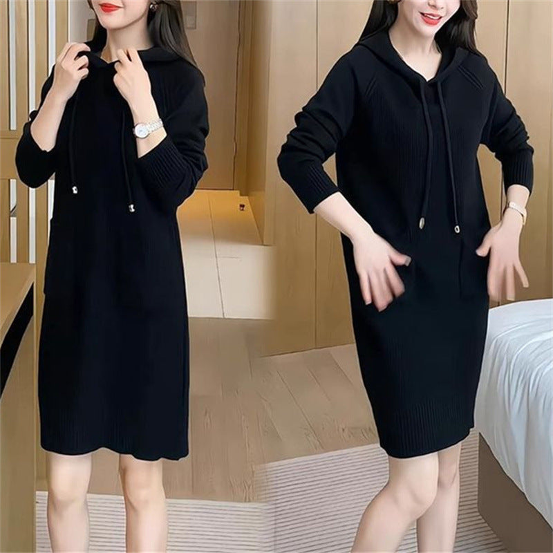 Damen Strickkleid mit Kapuze und praktischen Taschen Drune