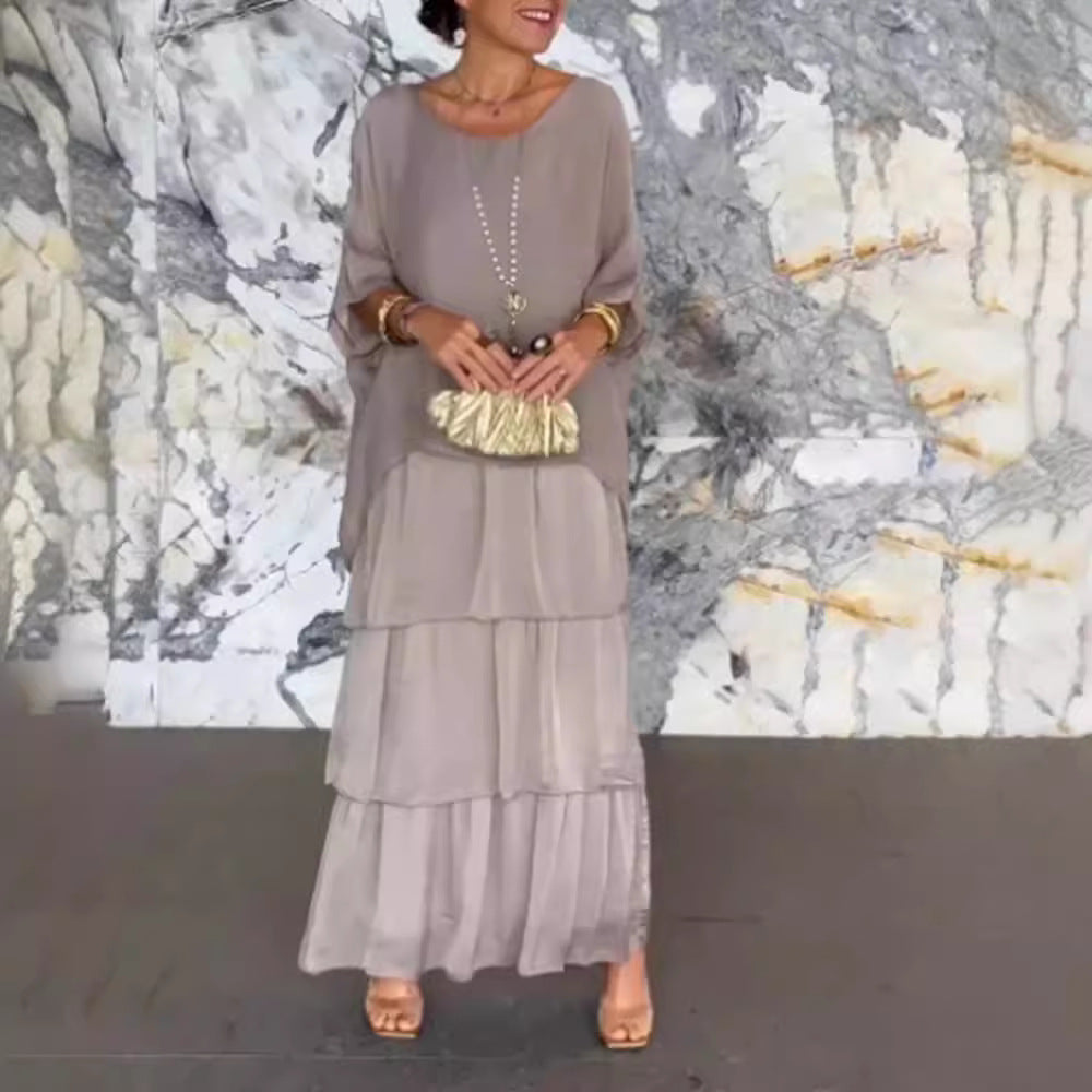Damen nan bodenlanges Stufenkleid mit weiten Fledermausärmeln und lockerer Silhouette Drune