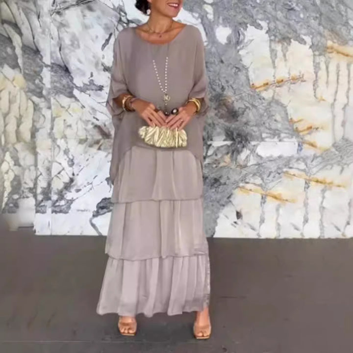 Damen nan bodenlanges Stufenkleid mit weiten Fledermausärmeln und lockerer Silhouette Drune