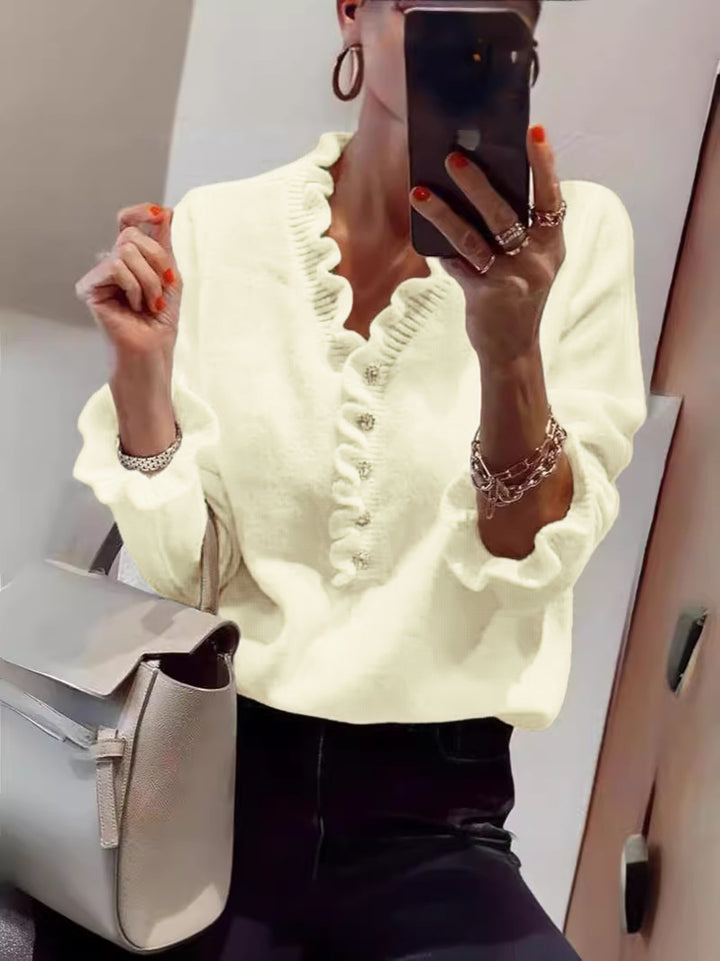 Damen Bluse mit fließendem Rüschendesign und Knopfleiste Drune