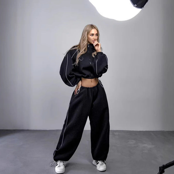 Damen sportliches Oversized Hoodie-Set mit hochschließendem Kragen und Gummizug Drune