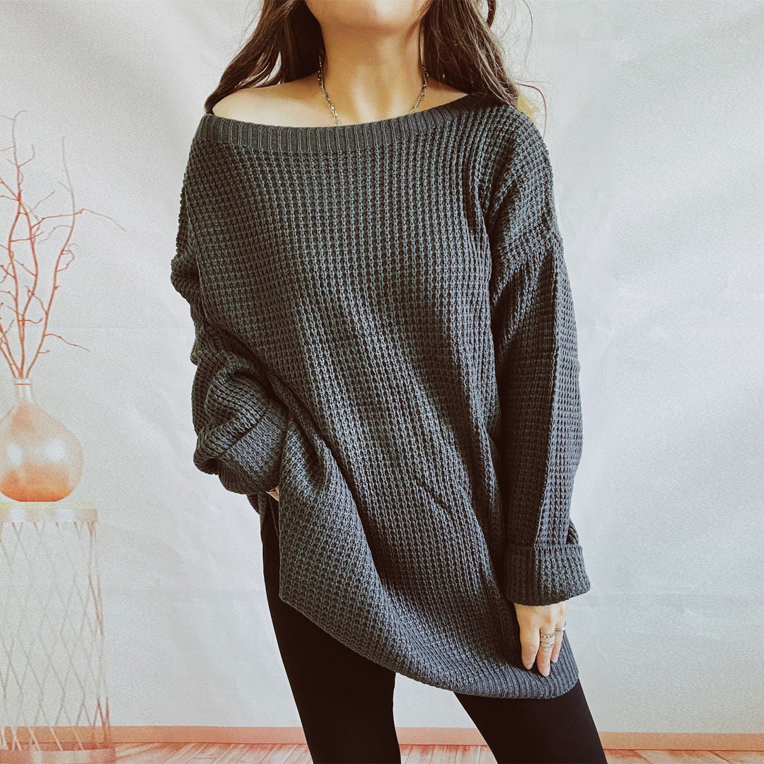 Damen lässiger Strickpullover mit weitem Schnitt und offenem Rückendesign Drune