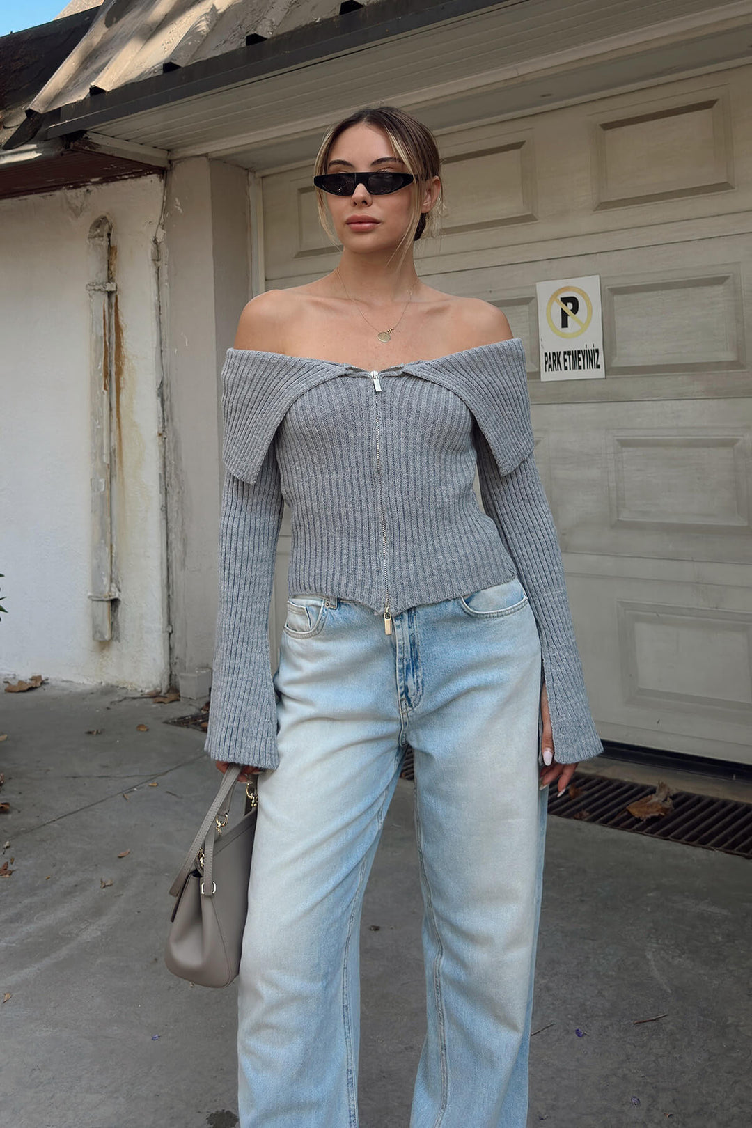 Damen Strickjacke mit weitem Ärmeldesign und Reißverschluss Drune