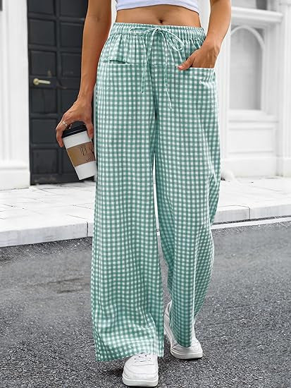 Damen Weit geschnittene Karohose mit elastischem Bund und praktischen Taschen Drune