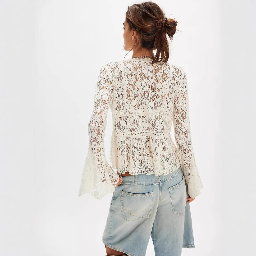 Damen Spitzenbluse im romantischen Design mit weitem Arm Drune