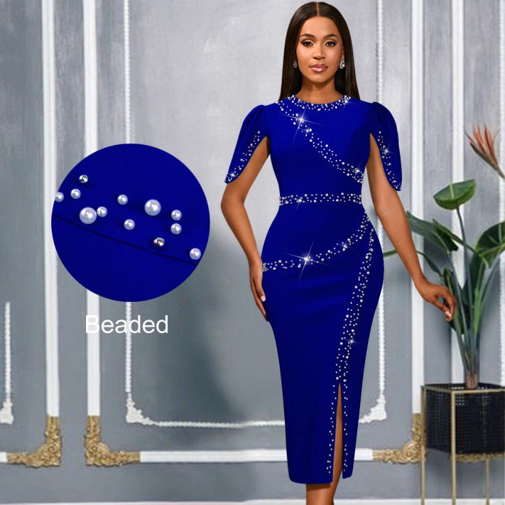 Damen Chic Glamour Kleid mit asymmetrischem Schlitz und funkelnden Strassdetails Drune