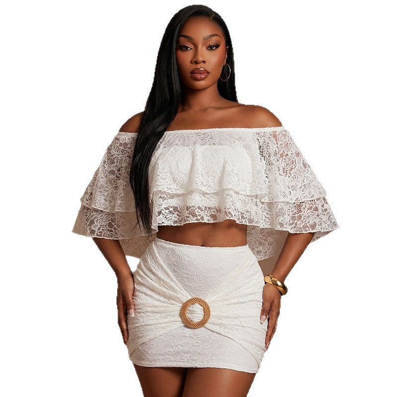 Damen Spitzen Crop-Top und Rock Set Drune
