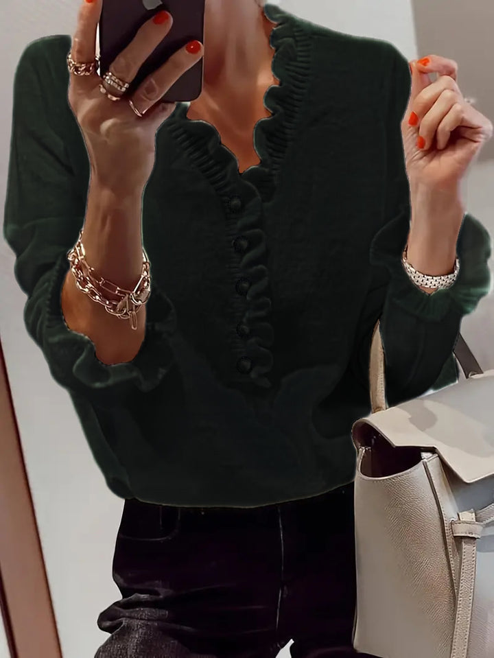 Damen Bluse mit fließendem Rüschendesign und Knopfleiste Drune