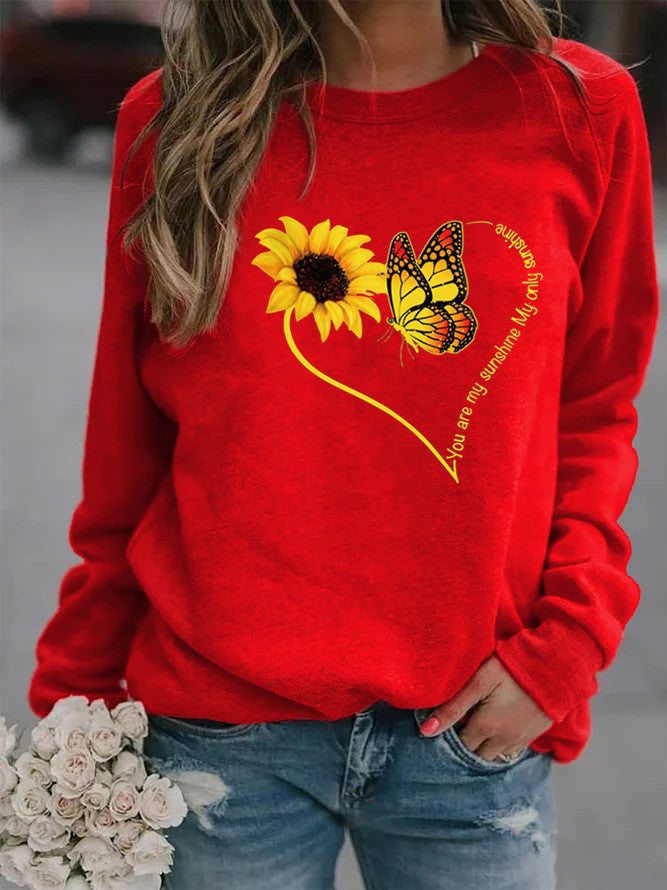 Damen Sweatshirt mit grafischem Schmetterlings- und Sonnenblumenmotiv Drune