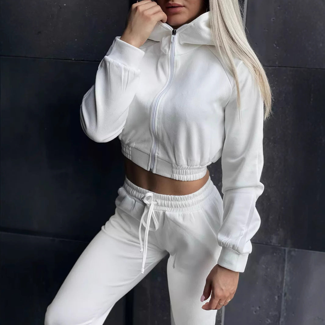 Damen Sportliches Fleece-Cropped-Set mit Kapuze und elastischem Bund Drune