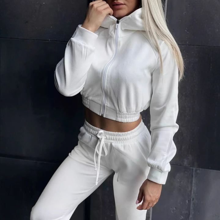 Damen Sportliches Fleece-Cropped-Set mit Kapuze und elastischem Bund Drune