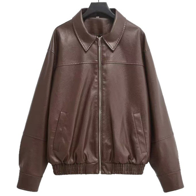 Damen nan oversized Lederjacke im Bomberstil mit Hemdkragen, durchgehendem Reißverschluss und lässiger Silhouette Drune