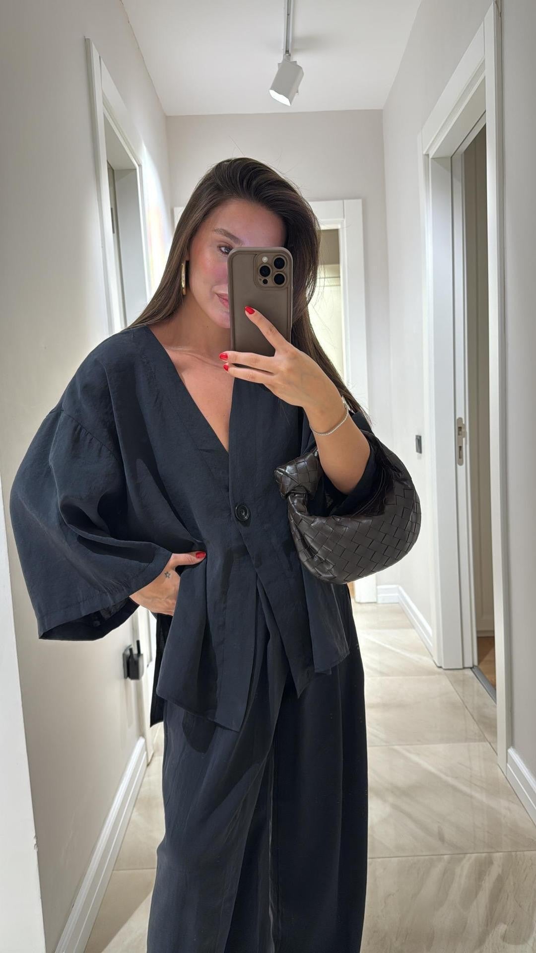 Damen nan lockeres Leinenoptik-Zweiteiler mit Kimono-Blazer und weitem Palazzo-Hose Drune
