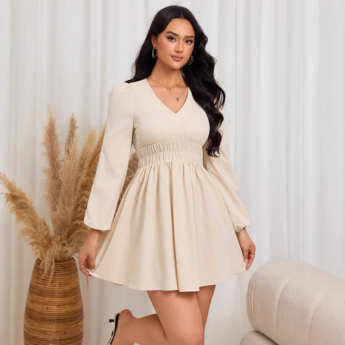 Damen lässiges Minimidi-Kleid mit geschmeidiger Taillierung und eleganten Puffärmeln Drune