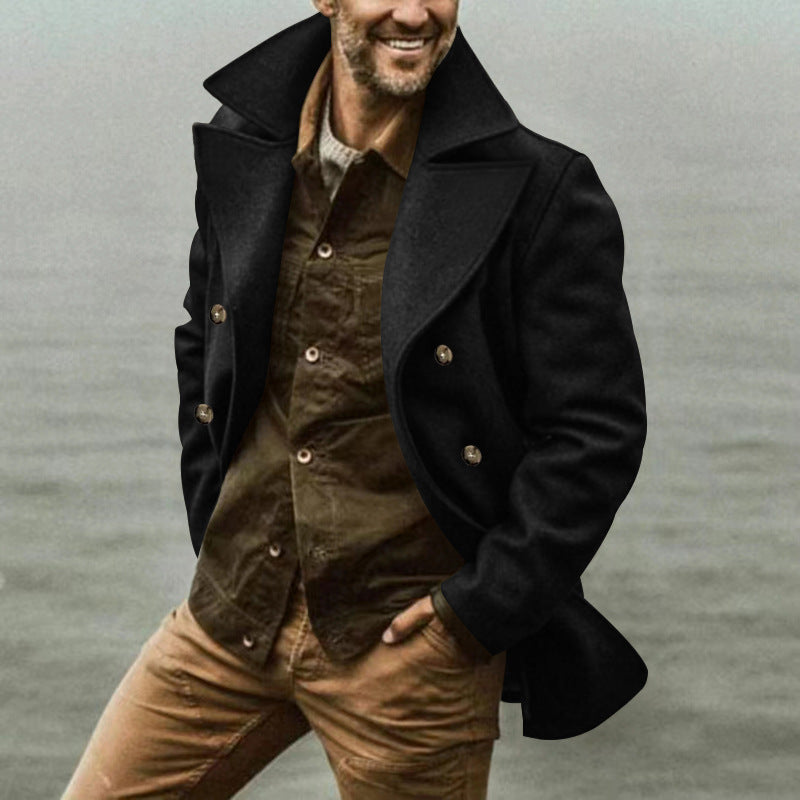 Herren eleganter, klassischer Wollmantel mit doppelter Knopfleiste und hohem Kragen Drune