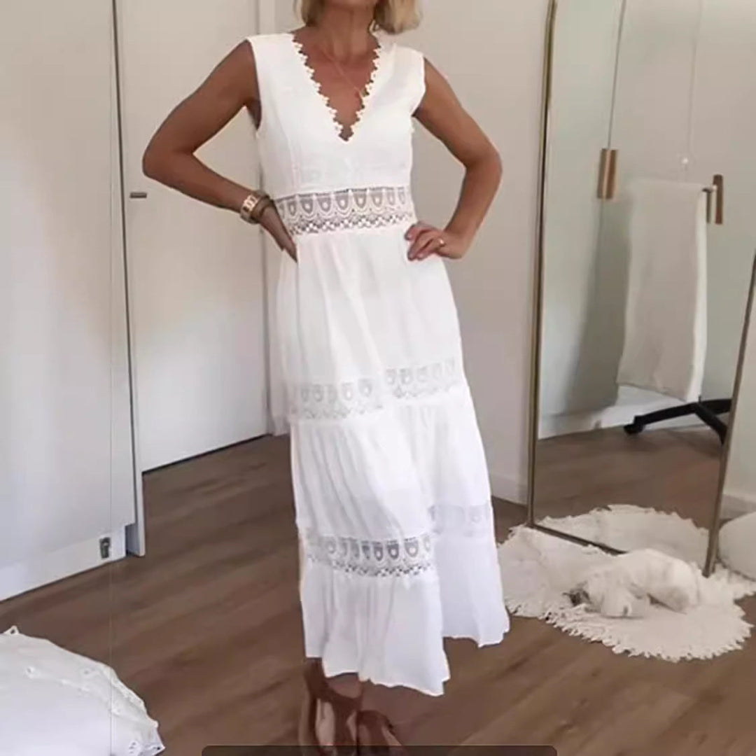 Damen elegantes Maxikleid mit Spitzenakzenten und tiefer Rückenpartie Drune
