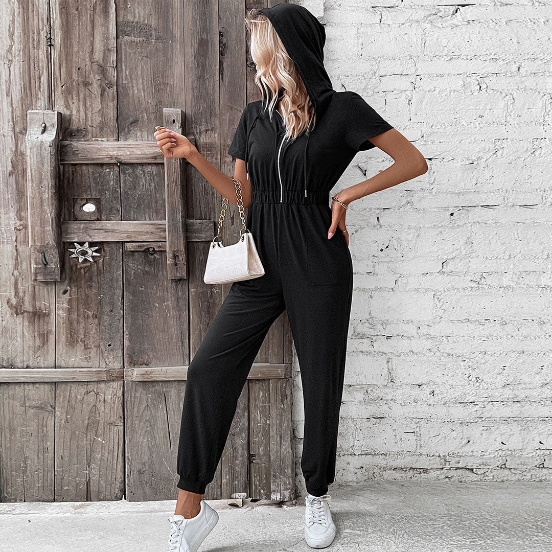 Damen moderner Kurzarm-Jumpsuit mit praktischen Taschen und Kapuze Drune