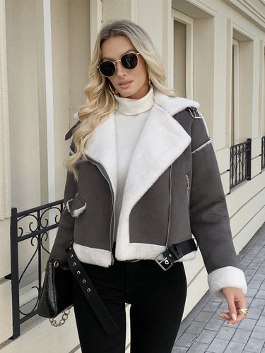 Damen modische Lederjacke mit Kunstfellkragen und Gürtel Drune