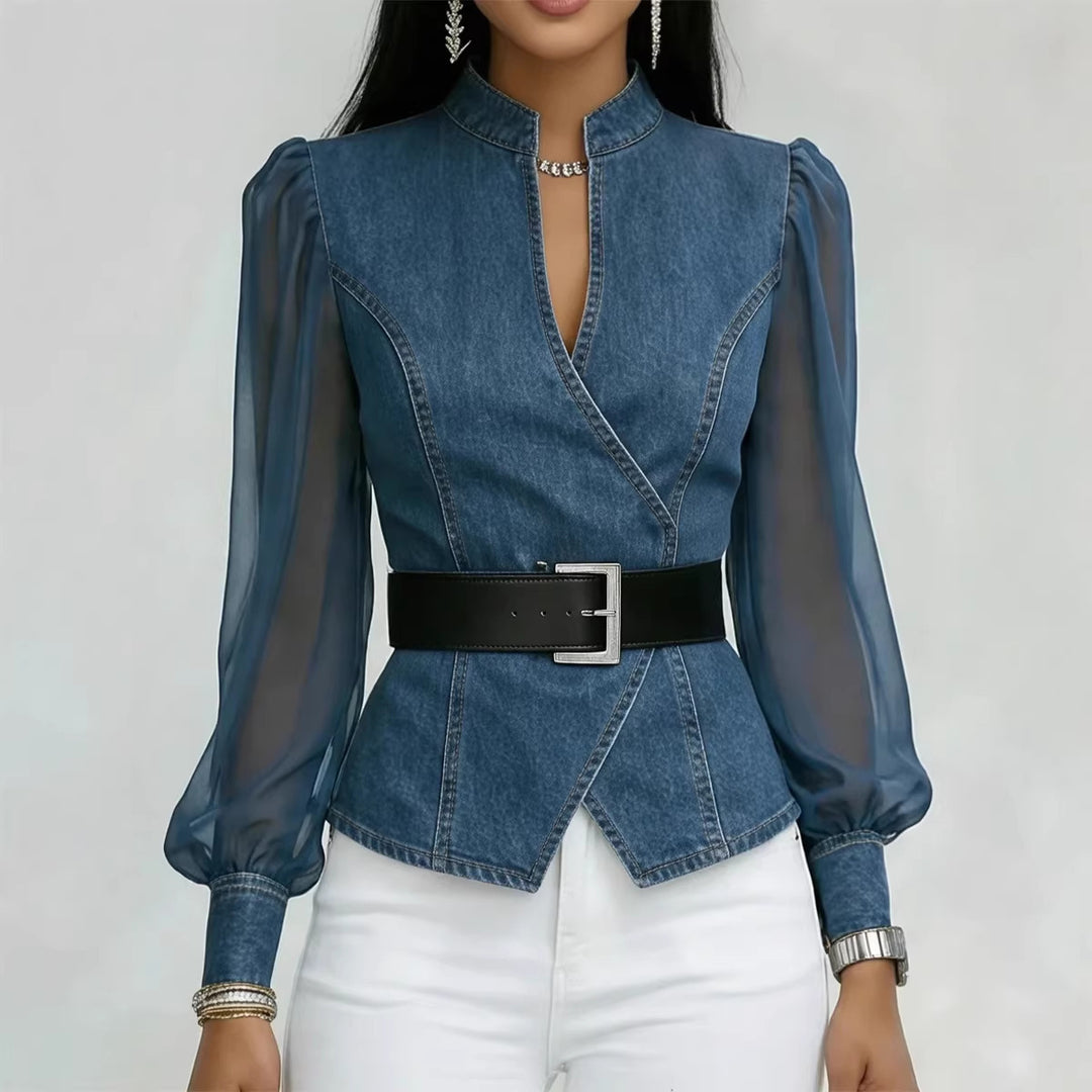 Damen Jeansbluse mit transparenten Ärmeln und tailliertem Design Drune
