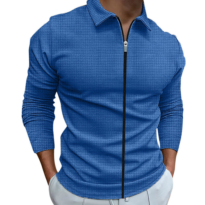 Herren nan texturiertes Slim-Fit Langarm-Poloshirt mit Frontreißverschluss und Hemdkragen Drune