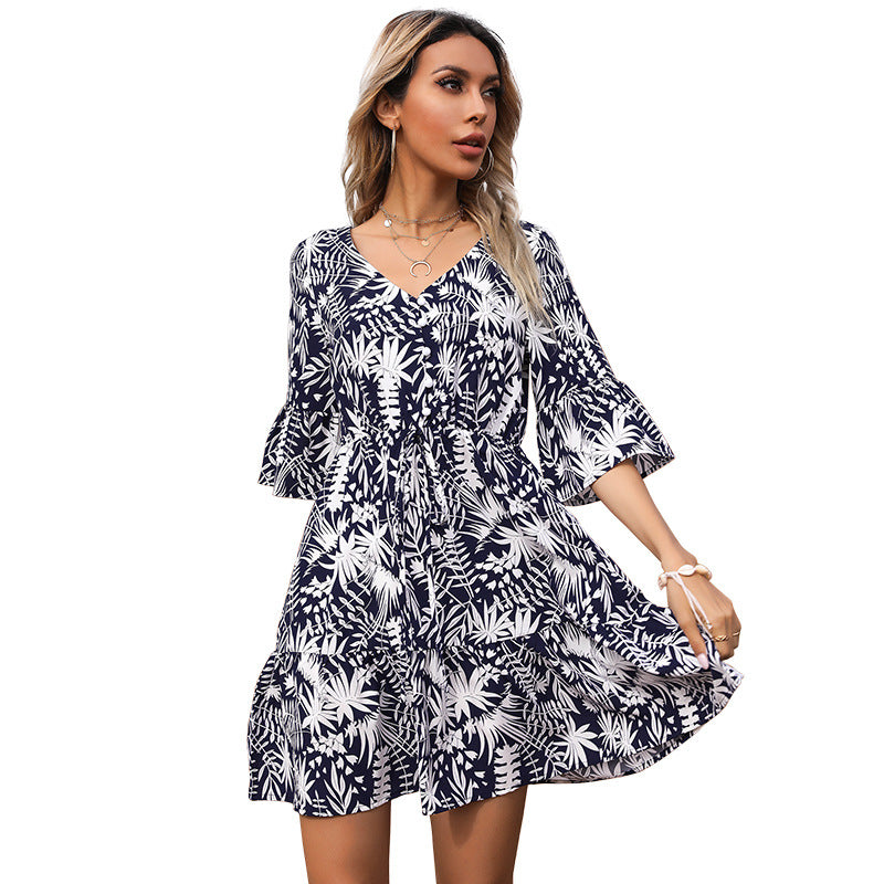 Damen Blümchen Sommerkleid mit voluminösen Ärmeln und Rüschendesign Drune