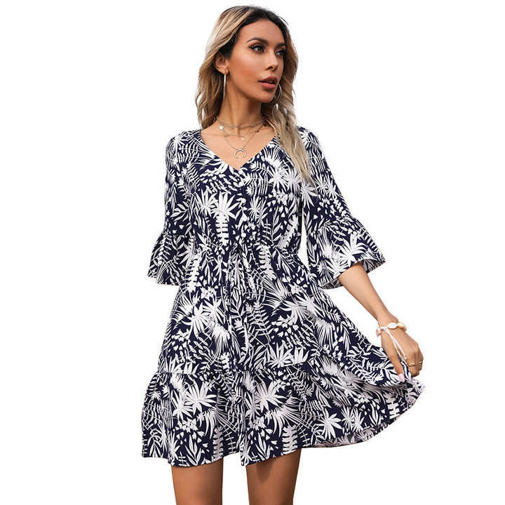 Damen Blümchen Sommerkleid mit voluminösen Ärmeln und Rüschendesign Drune