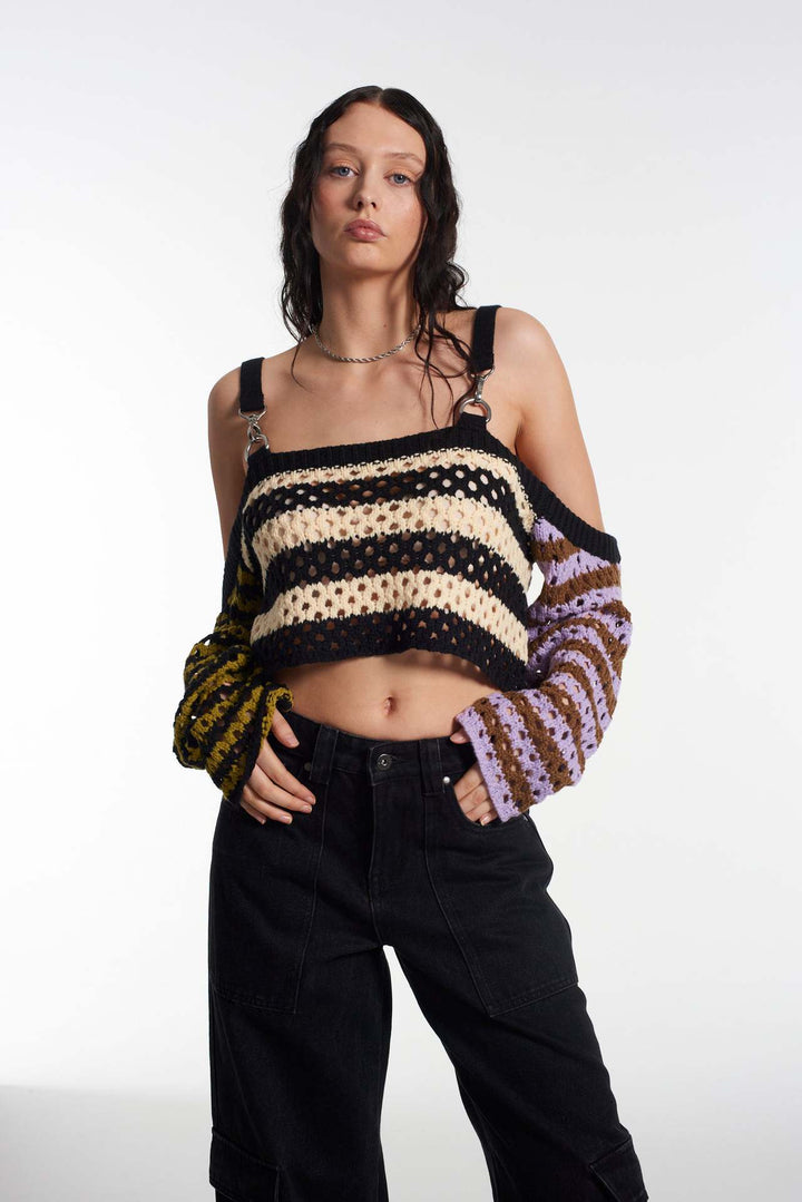 Damen gehäkeltes Crop-Top mit kreativen Streifen und dekorativen Ärmeln Drune