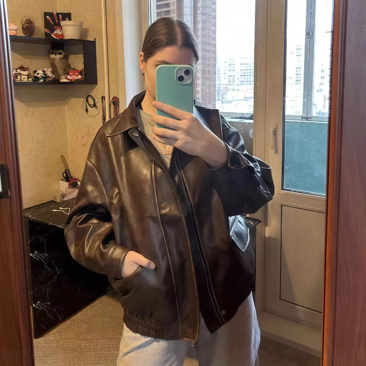Damen Lederjacke im Vintage-Stil mit lässigem Schnitt Drune