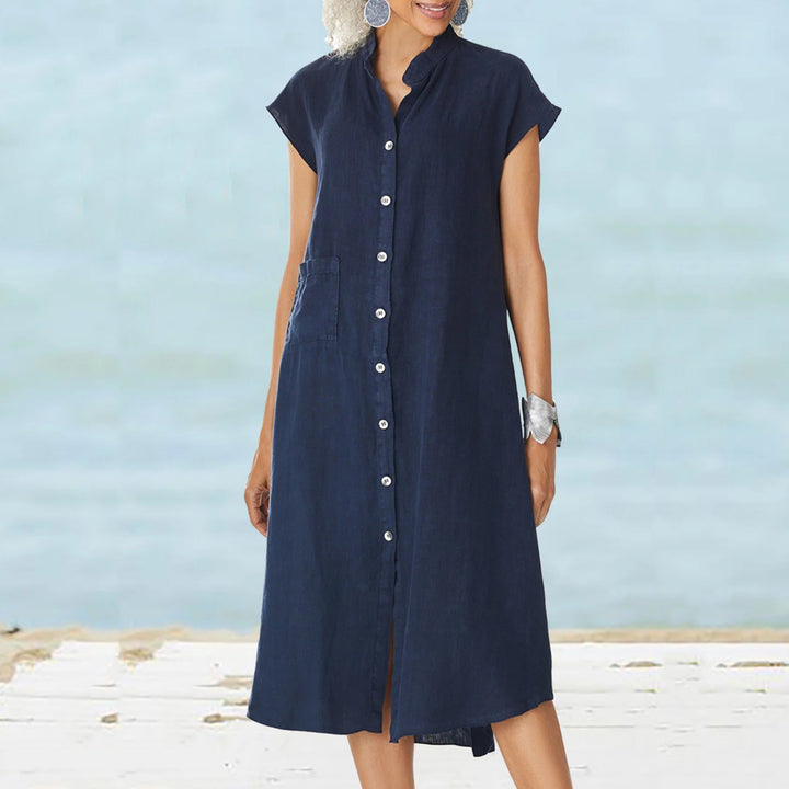 Damen lässiges Midi-Hemdkleid aus Leinen mit Knopfleiste und seitlichen Taschen Drune