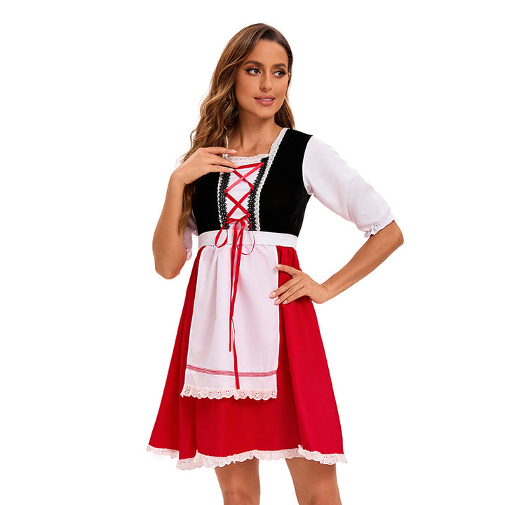 Damen nan Kapuzen-Cape Kostüm mit Schürzenkleid und romantischen Spitzenakzenten Drune