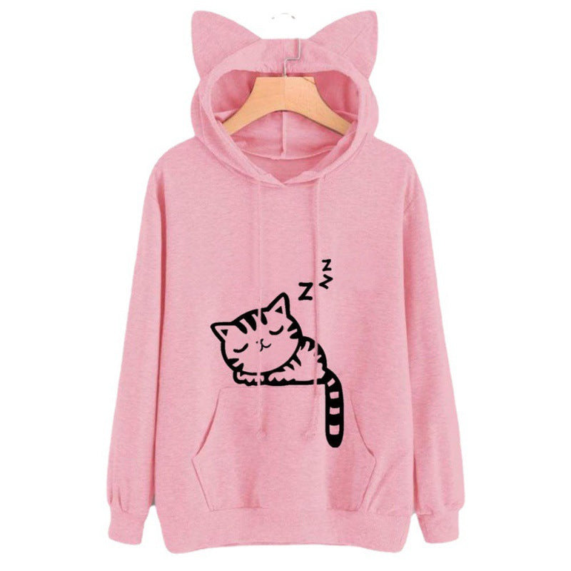 Damen Kapuzenpullover mit Katzenohren und süßem Druck Drune