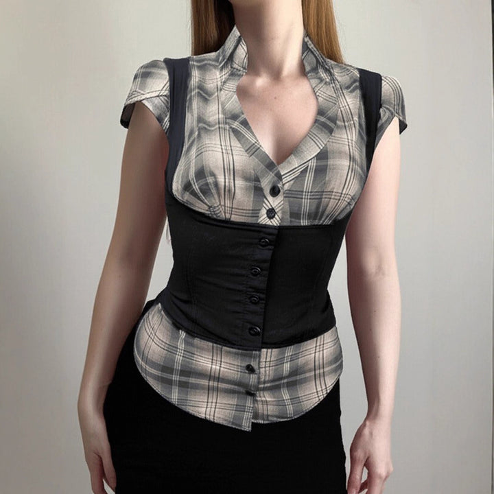 Damen karierte Bluse mit figurbetonendem Schnitt und stylishen Akzenten Drune