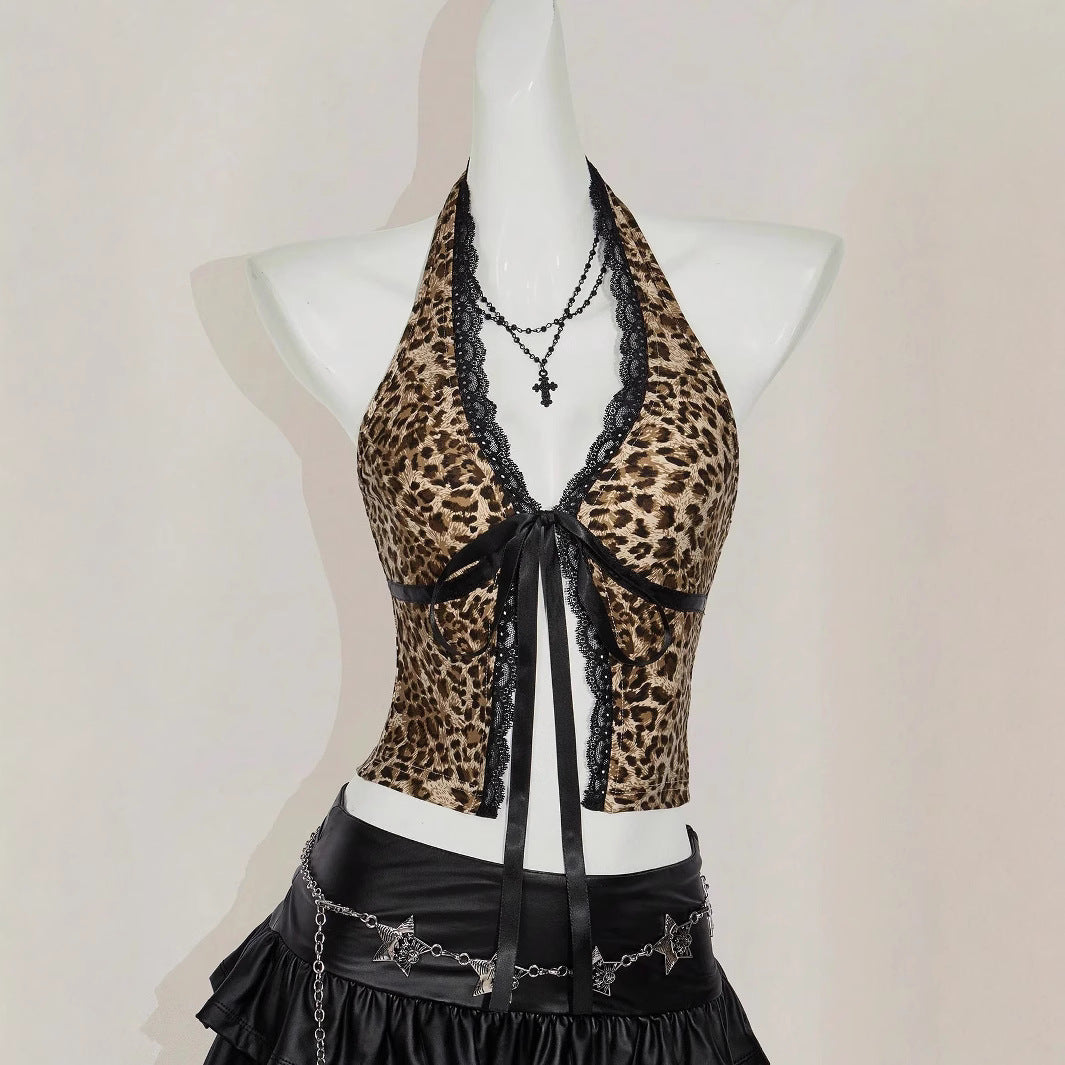Damen Haltertop mit Spitzenverzierungen und Leopardenmuster Drune