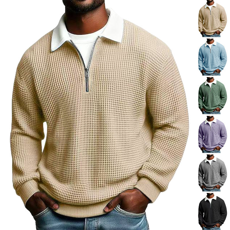 Herren nan strukturierter Waffelstrick-Pullover mit Polokragen und kurzem Reißverschluss Drune