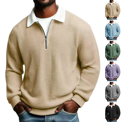 Herren nan strukturierter Waffelstrick-Pullover mit Polokragen und kurzem Reißverschluss Drune